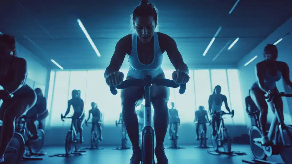 A dynamic image of a fitness instructor leading a group spin class in a gym.