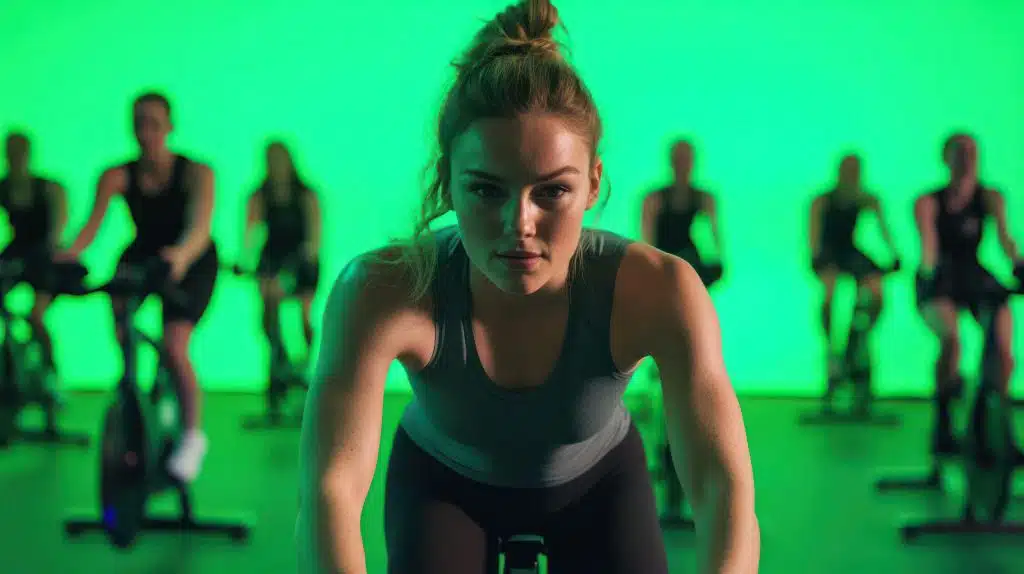 A spin class instructor leading a high-energy cycling session, with a green screen background.