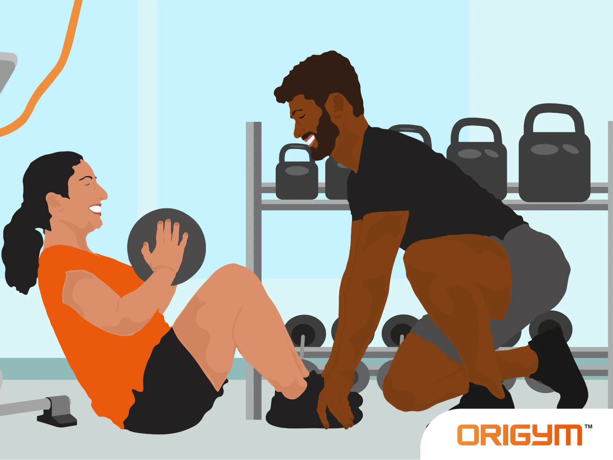 Young PT supporting a gym client with weights, ideal for fitness jobs for 16 year olds