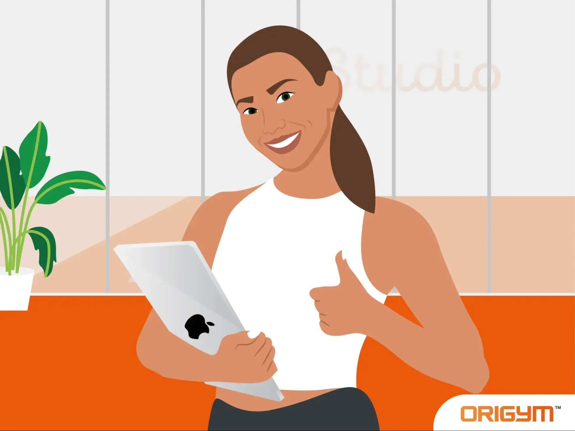 Smiling woman holding tablet giving thumbs up