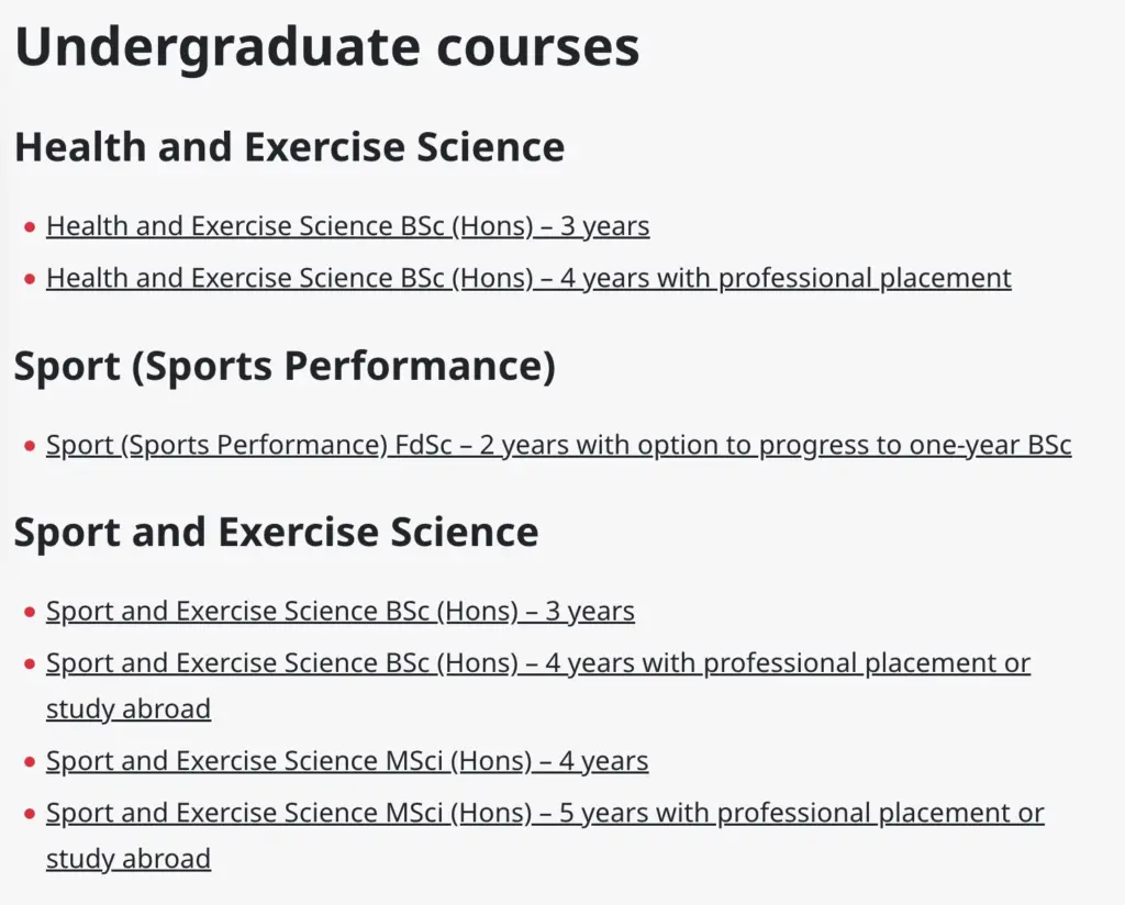 Screenshot of a list of Undergraduate sport courses at University of Bath