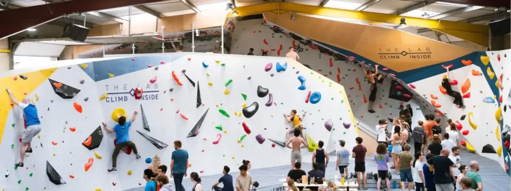 Large Group of People Climbing on Rock Walls at Climb Lab Bouldering Gym in Leeds