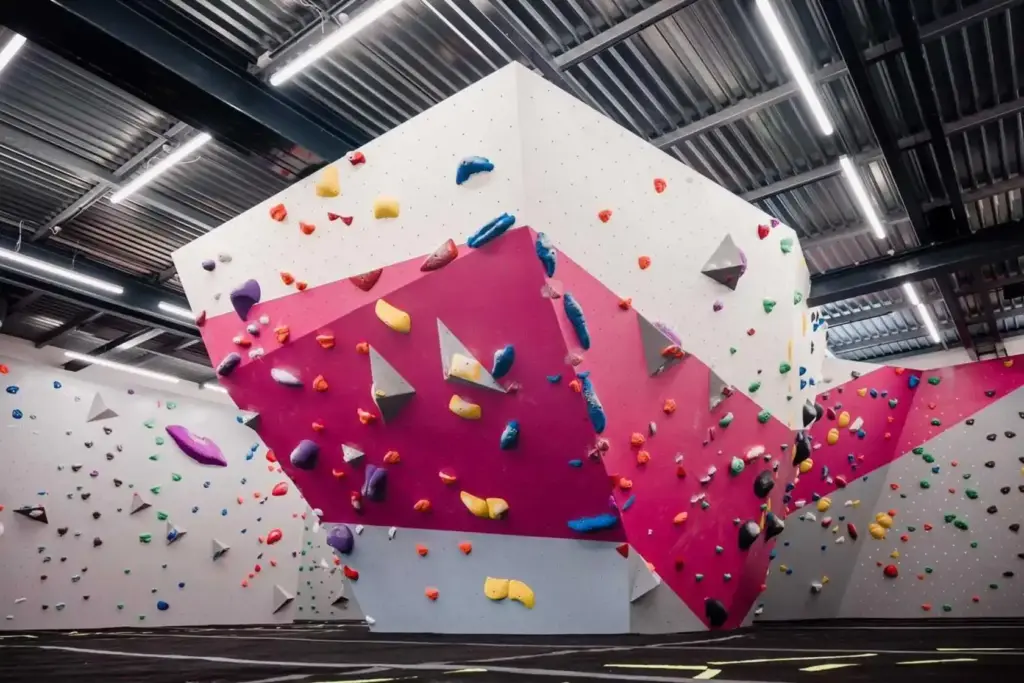 Pink and White Section of the Inside of the Climbing Hangar Bouldering Gym in Plymouth