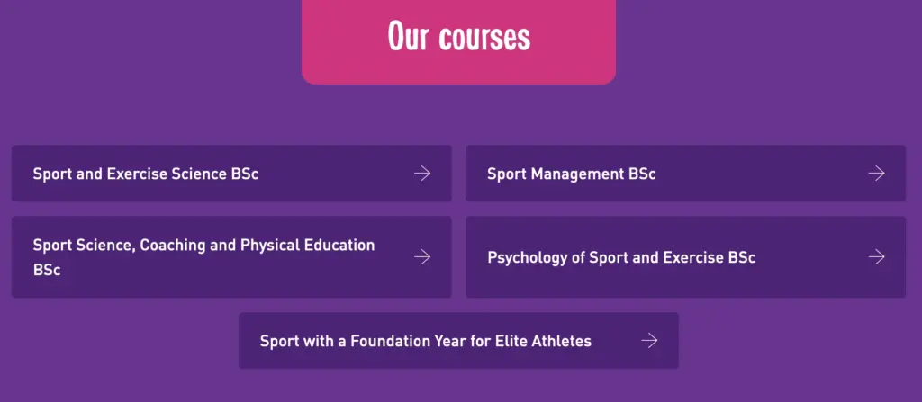Screenshot of sport courses offered by University of Loughborough