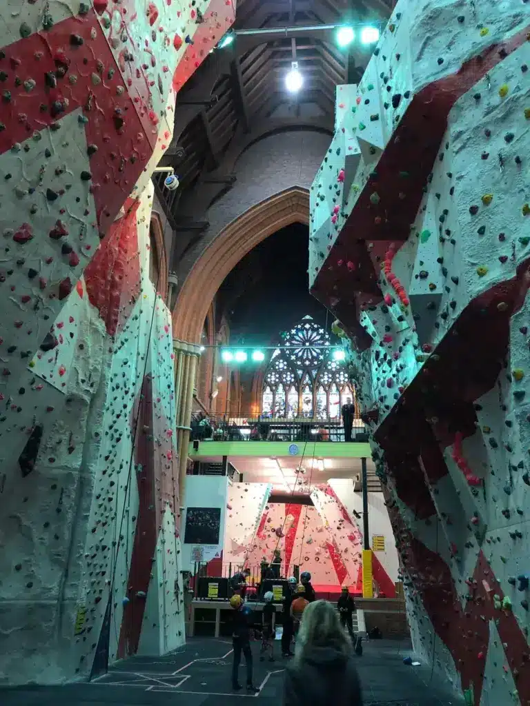Inside of Manchester Climbing Centre With Tall Climbing Walls