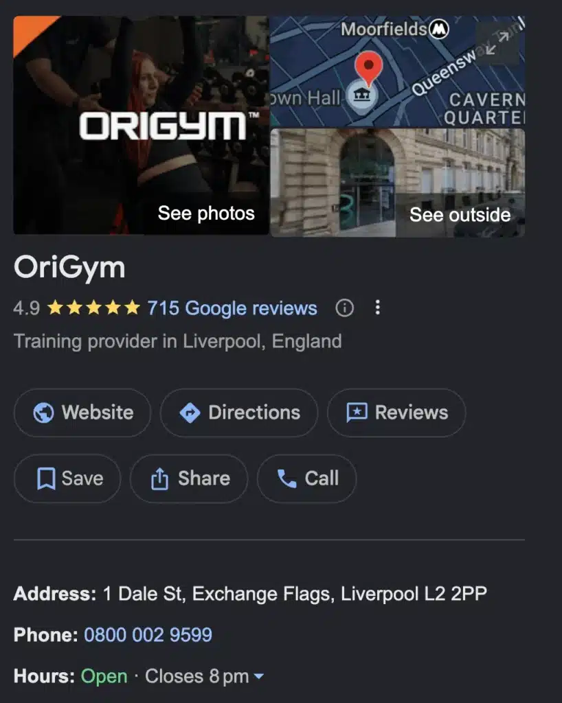 Screenshot of OriGym's Google Business Profile With Contact Information