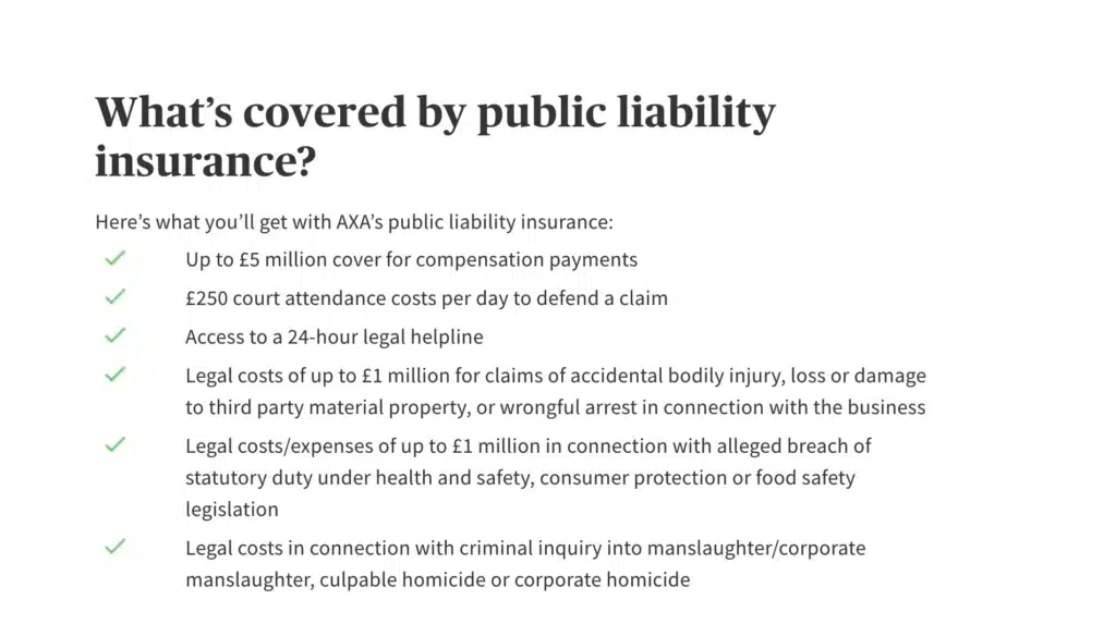 Screenshot of a section from the website of AXA Insurance entitled 'What's covered by public liability insurance?' providing a list of what is.