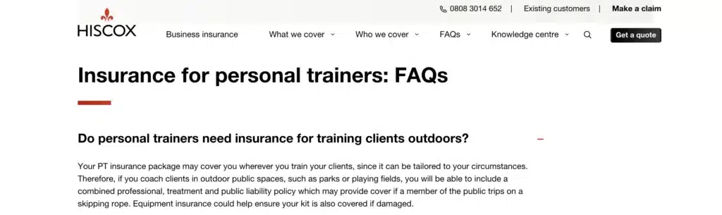Screenshot from the Hiscox Insurance website FAQ page for the question 'Do personal trainers need insurance for training clients outdoors?'