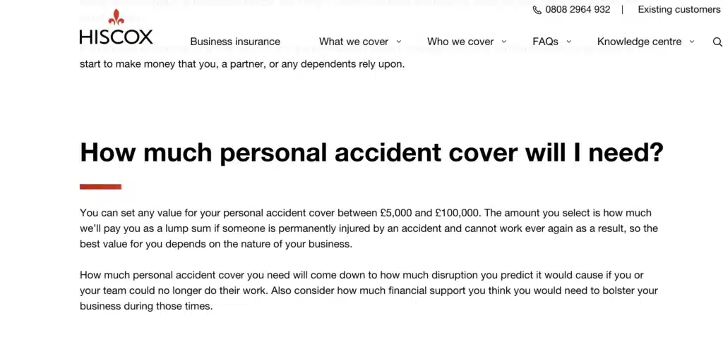 Screenshot from the Hiscox website answering the question 'How much personal accident cover will I need?'