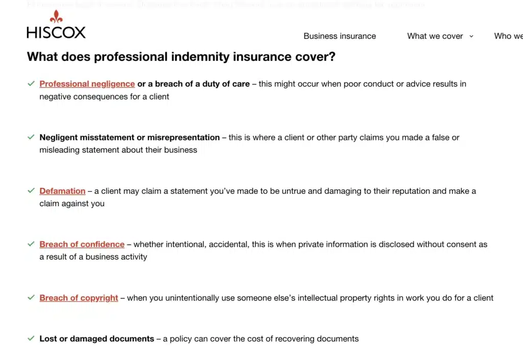 Screenshot from the Hiscox website for a section entitled 'What does professional indemnity insurance cover?'