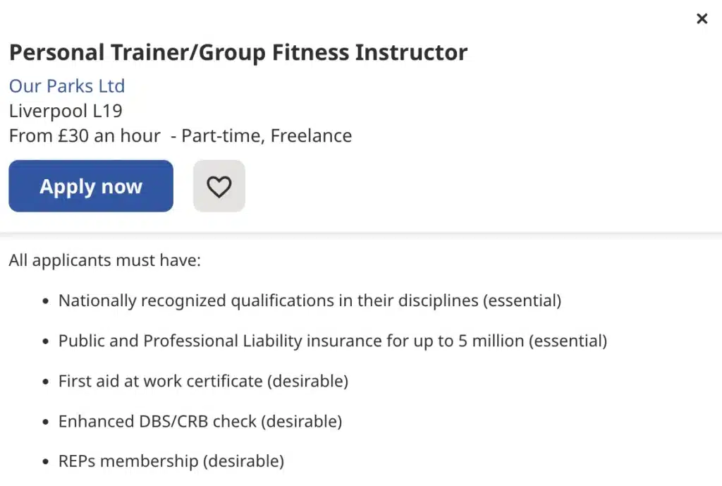 Screenshot from a job ad posted on Indeed by Our Parks for a Personal Trainer/Group Fitness Instructor