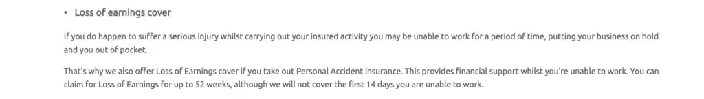 Screenshot from the Insure4Sport website about loss of earnings cover.