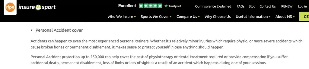 Screenshot from the Insure4Sport website about Personal Accident cover.