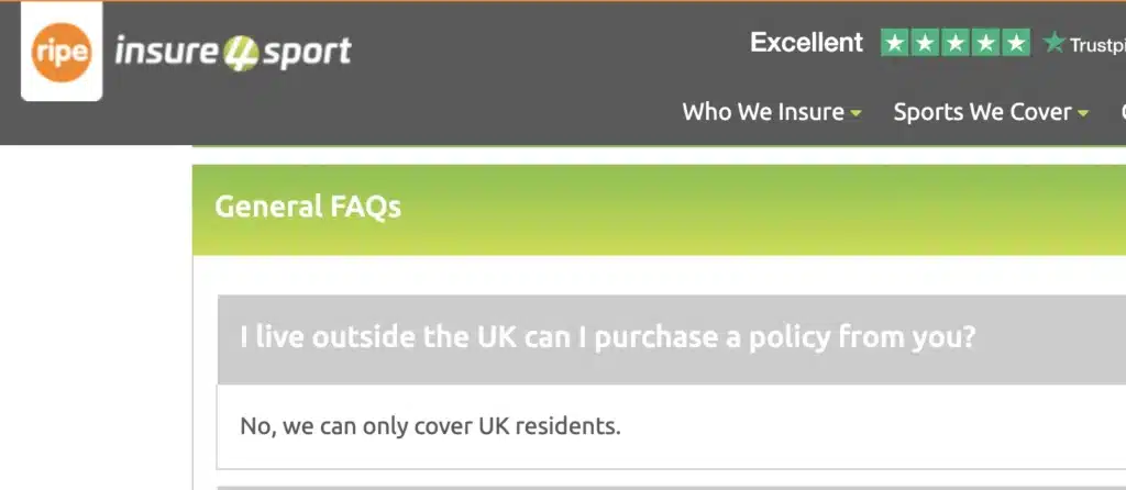 Screenshot from the Insure4Sport website FAQs, answering a question about personal trainer insurance for living outside the UK.