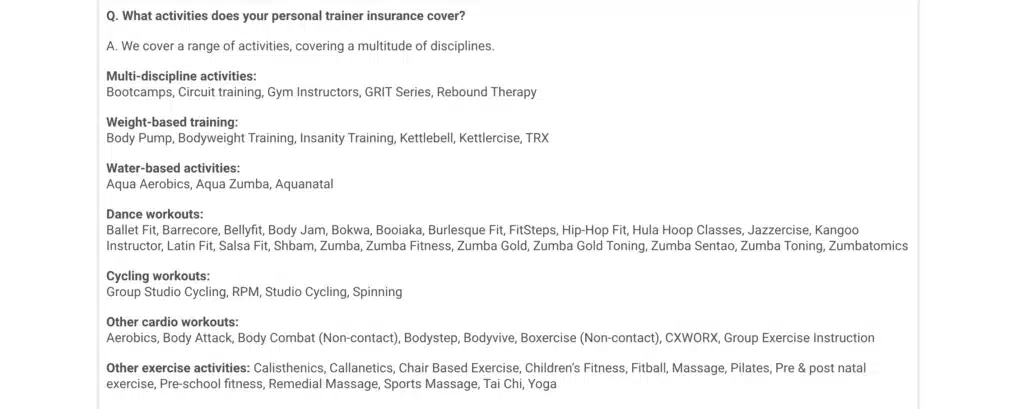 Screenshot from the Protectivity FAQ page answering questions for the question 'What activities does your personal trainer insurance cover?'