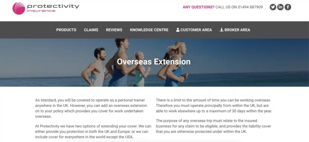 Screenshot from the Protectivity Insurance website about personal trainer insurance abroad.