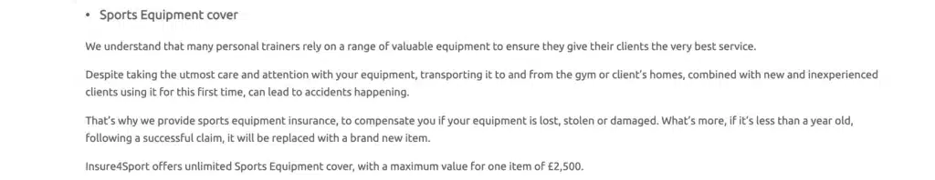 Screenshot about sports equipment cover within personal trainer insurance.
