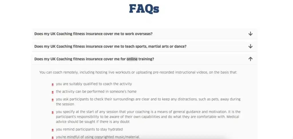 Screenshot from the UK Coaching FAQ page about whether fitness insurance covers online training.