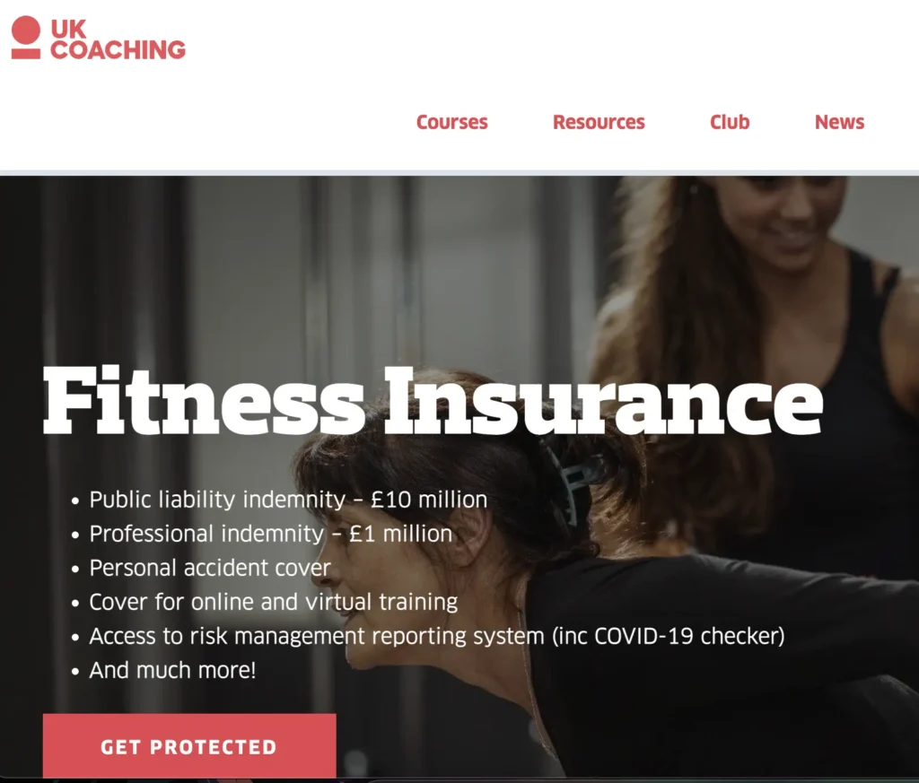 Screenshot from the UK Coaching website about Fitness Insurance.