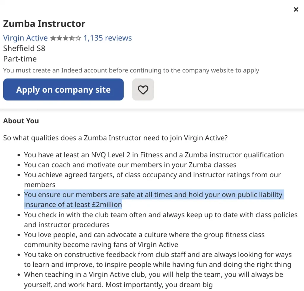 Screenshot from Indeed for a Zumba Instructor posted by Virgin Active, highlighting how applicants need to have personal trainer insurance.