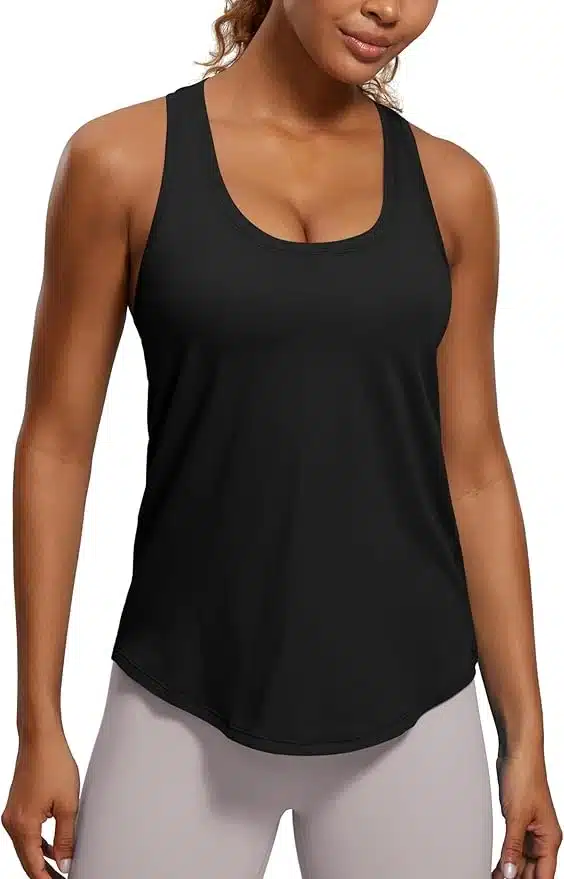 Screenshot of a Woman Wearing a Black CRZ YOGA Pima Cotton Racerback Tank