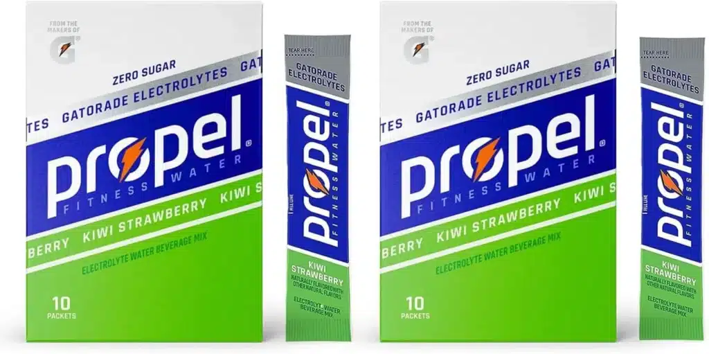Screenshot of Two Boxes of Propel Fitness Water With a Sachet Each Beside It.