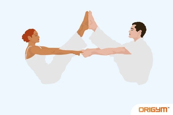 Graphic of Two People Performing Buddy Boat Yoga Pose