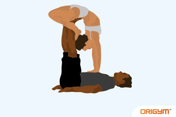 Graphic of Two People Performing Handstand Scorpion Yoga Pose