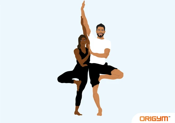 Graphic of Two People Performing Twin Trees Yoga Pose